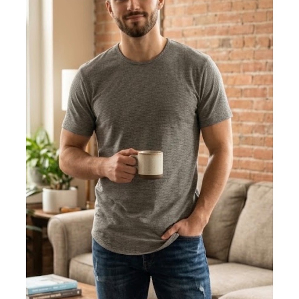 BYLT Basics Men Drop‎ Cut SS T-Shirt Grey White Micro Stripe BYLT Blend Size M